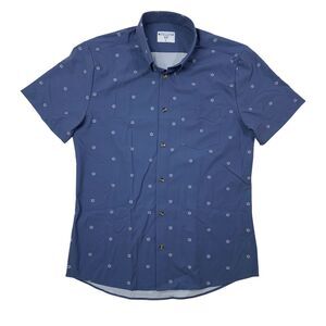 &Collar Shirt Mens L Large SLIM Fit Cloudy Blue Floral Daisy Print Short Sleeve